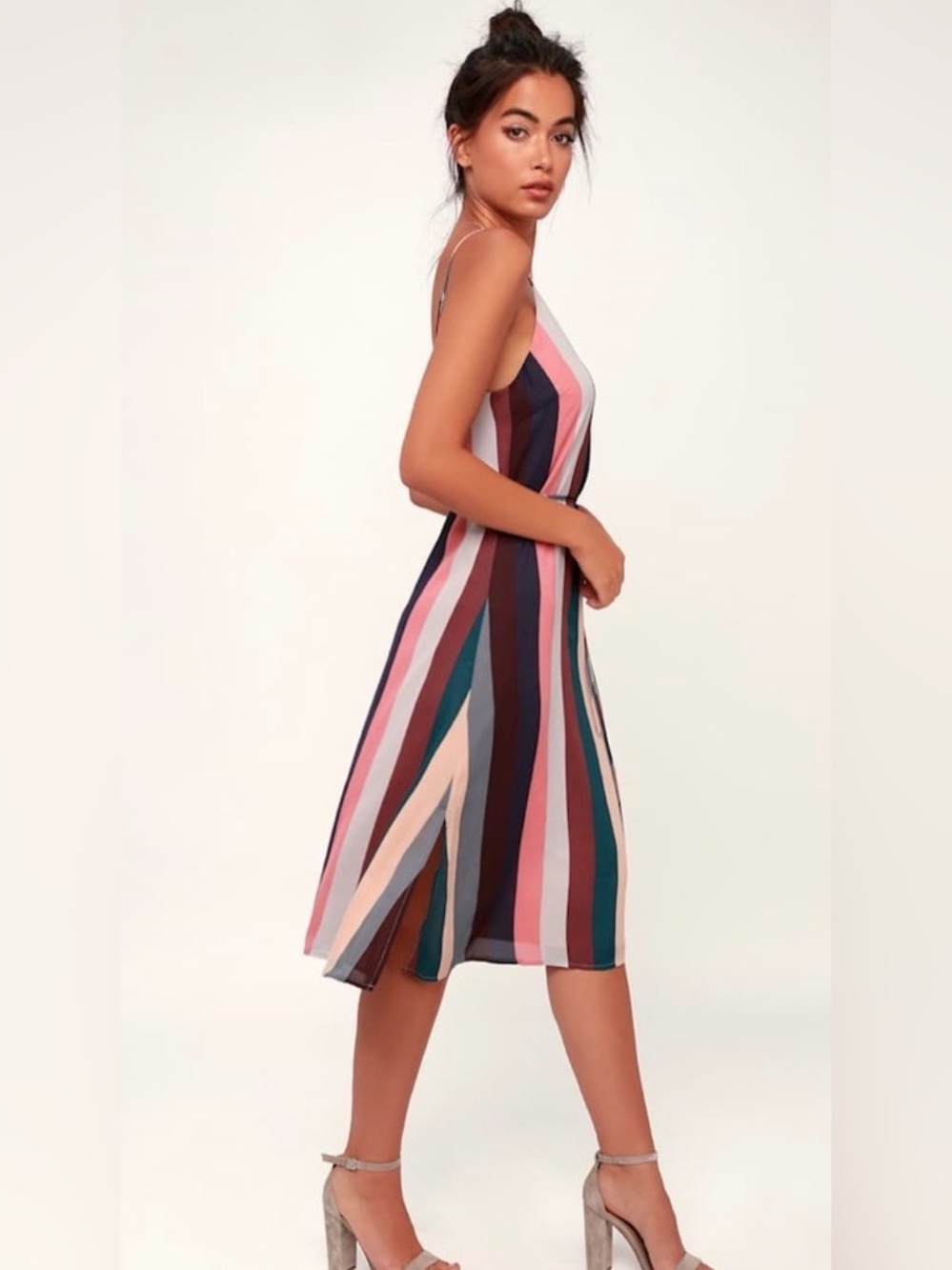 Multi-Stripe V-Neck Spaghetti Strap Dress - Pink, Teal, Navy